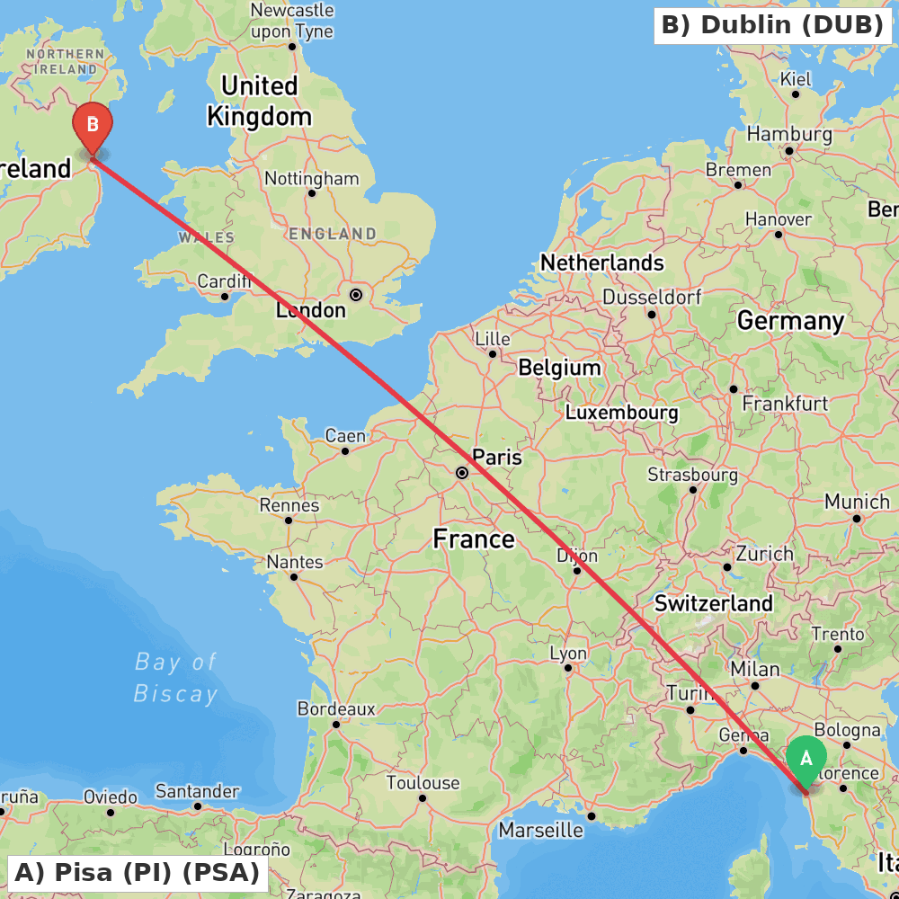 Flight route map from Pisa (PI) to Dublin