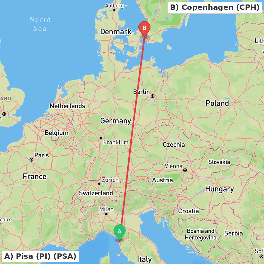 Flight route map from Pisa (PI) to Copenhagen
