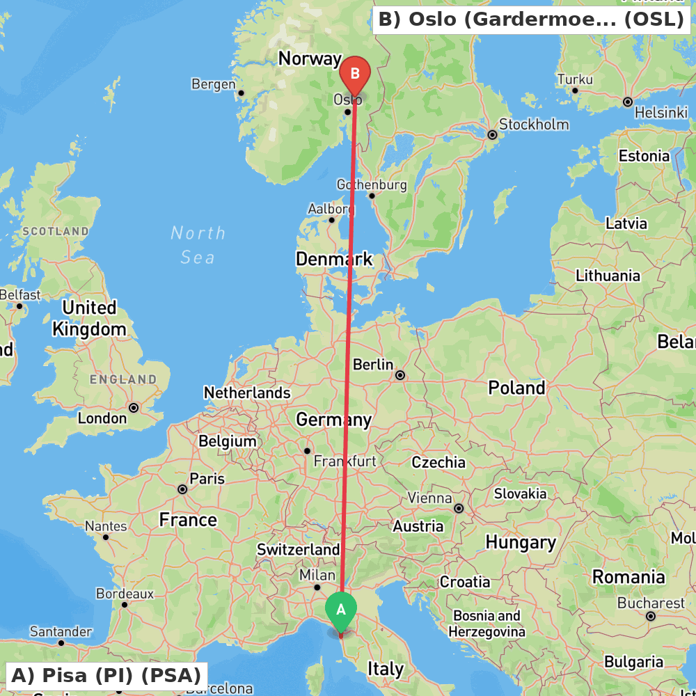 Flight route map from Pisa (PI) to Oslo (Gardermoen)