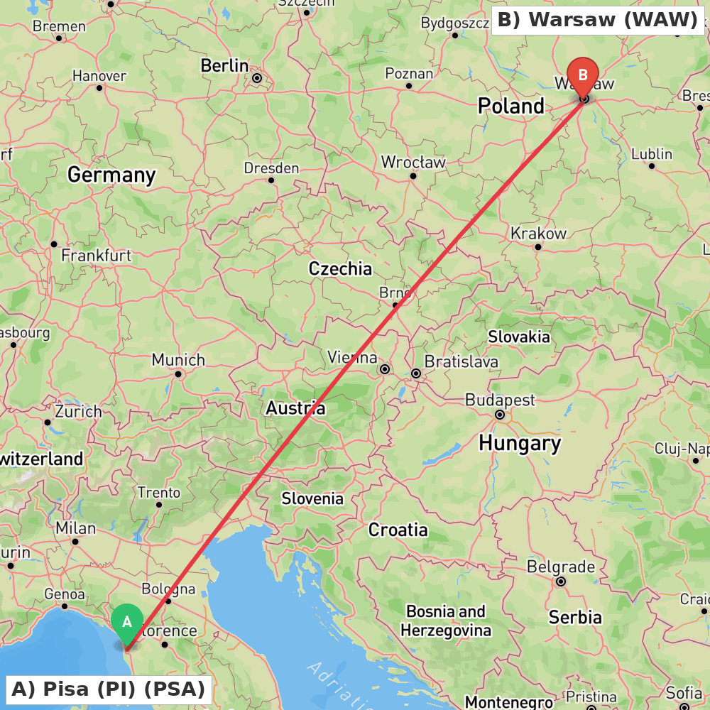 Flight route map from Pisa (PI) to Warsaw
