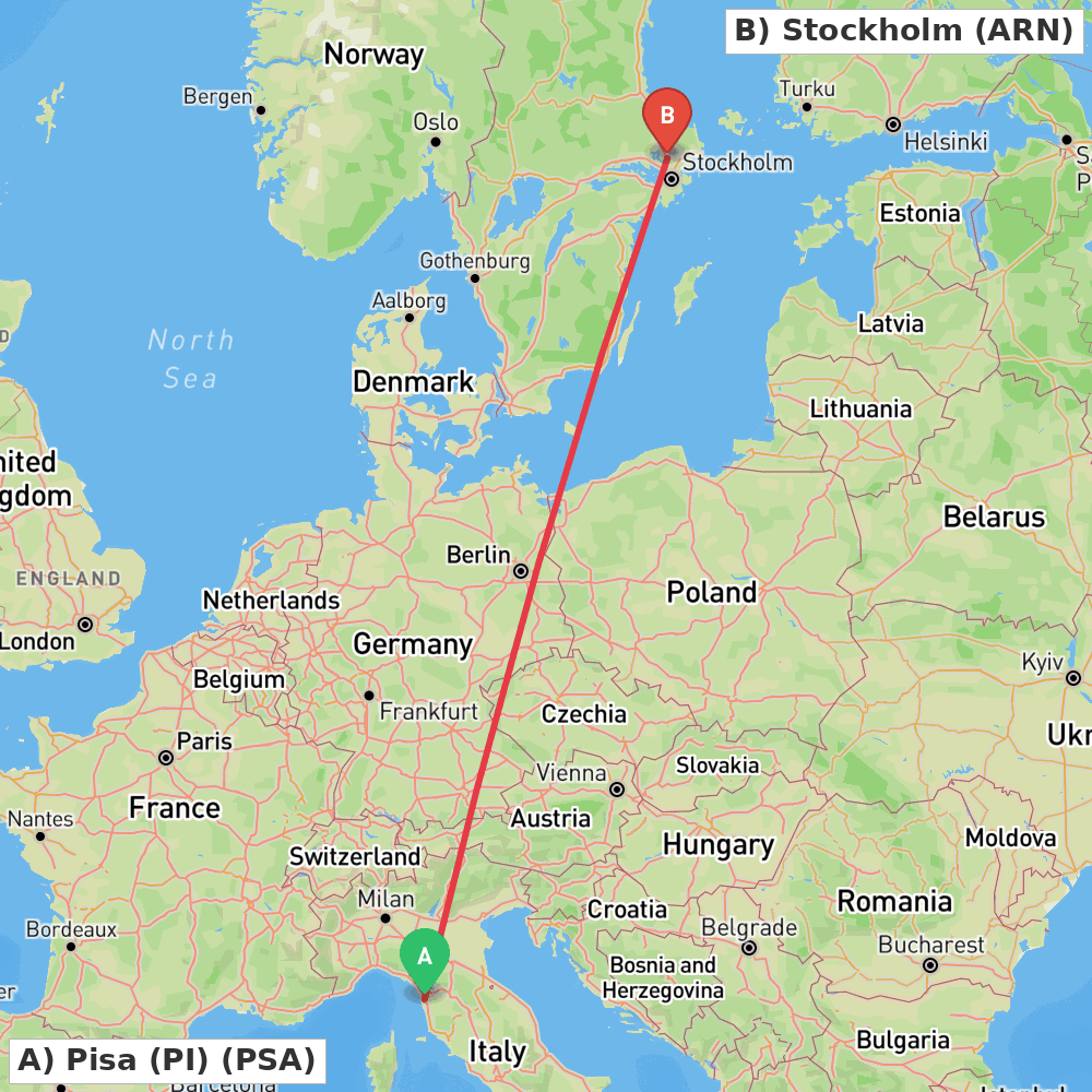 Flight route map from Pisa (PI) to Stockholm