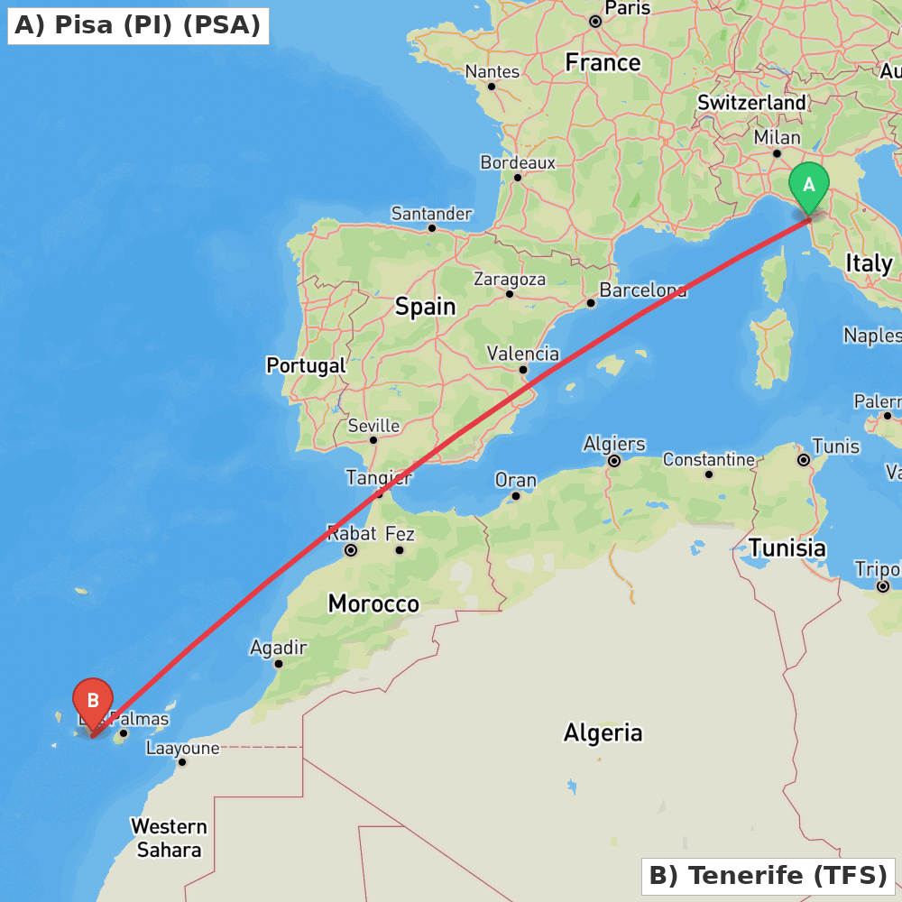 Flight route map from Pisa (PI) to Tenerife