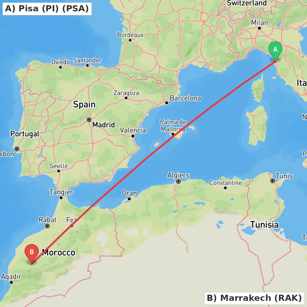Flight route map from Pisa (PI) to Marrakech