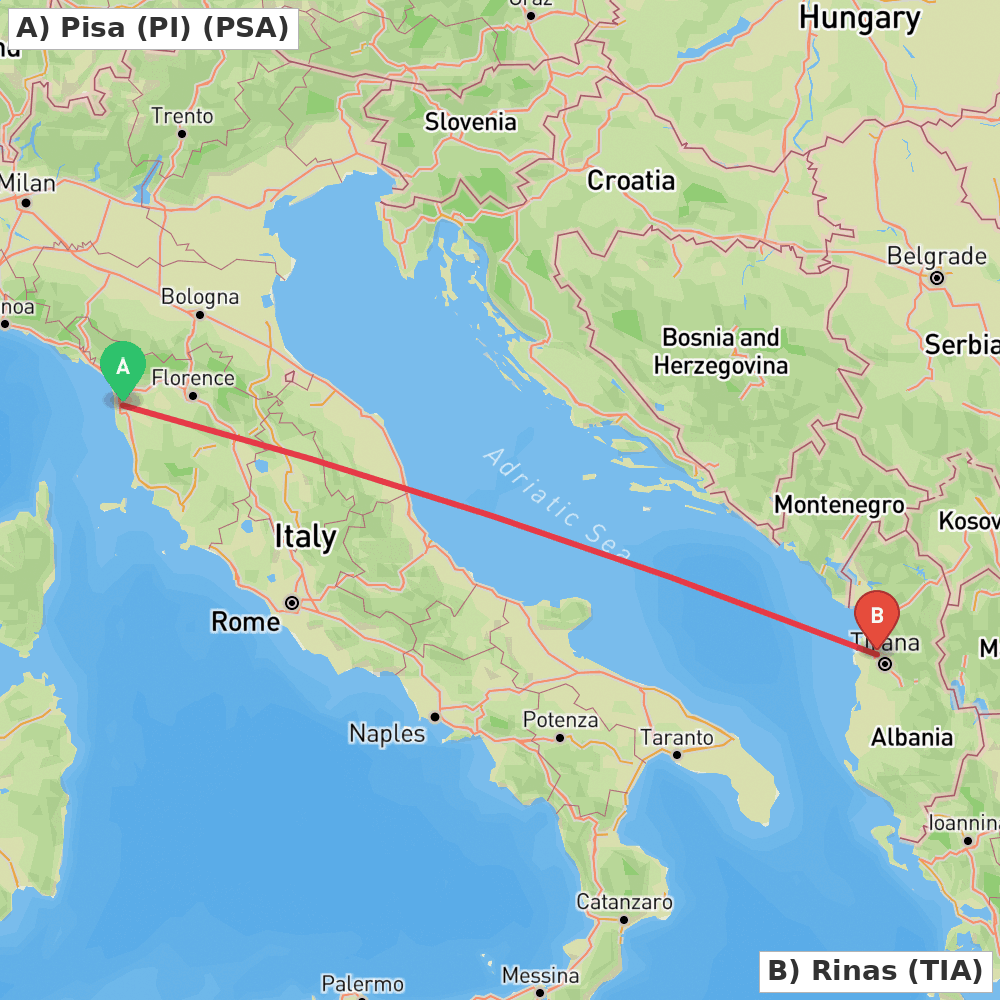 Flight route map from Pisa (PI) to Rinas
