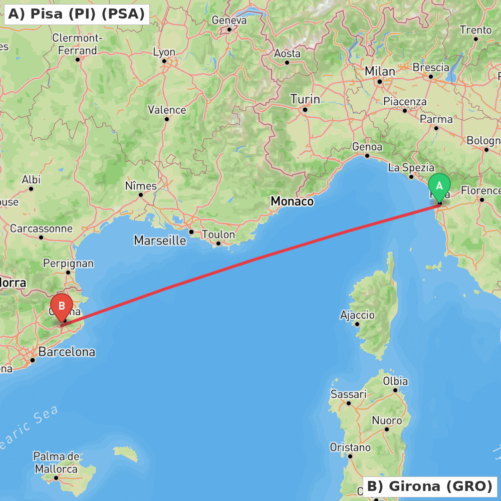 Flight route map from Pisa (PI) to Girona