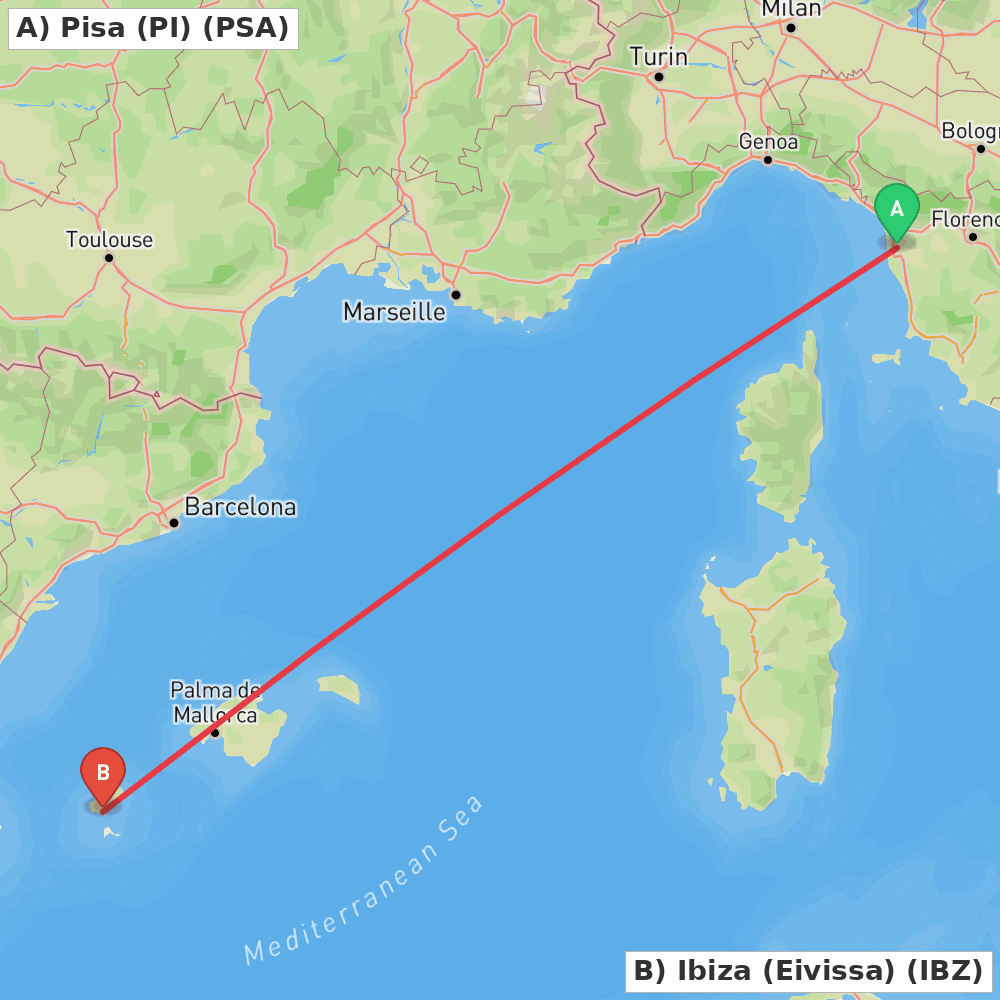 Flight route map from Pisa (PI) to Ibiza (Eivissa)