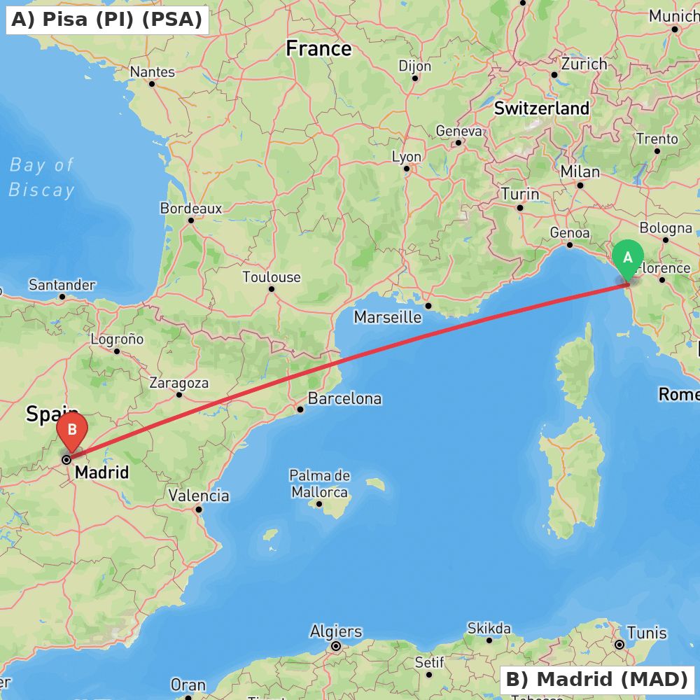 Flight route map from Pisa (PI) to Madrid