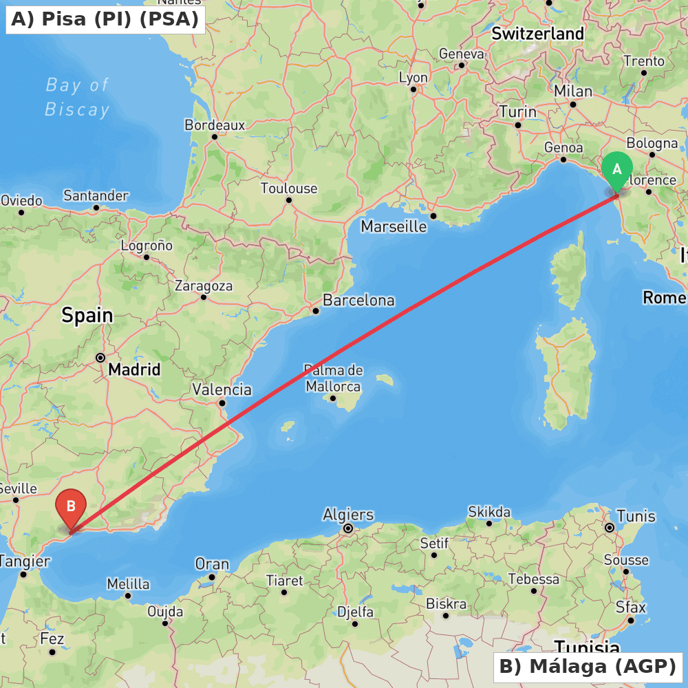 Flight route map from Pisa (PI) to Málaga
