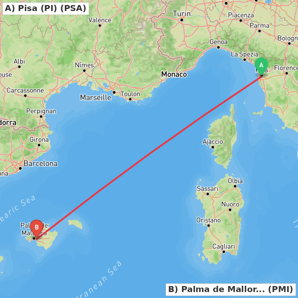 Flight route map from Pisa (PI) to Palma de Mallorca