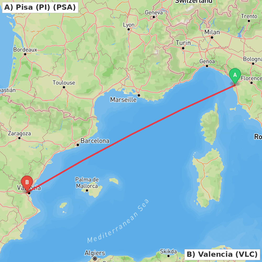 Flight route map from Pisa (PI) to Valencia