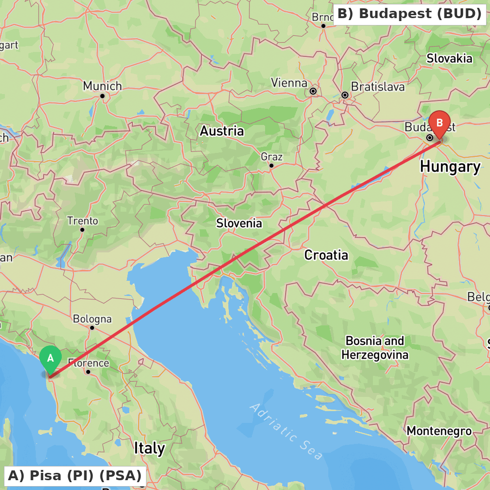 Flight route map from Pisa (PI) to Budapest