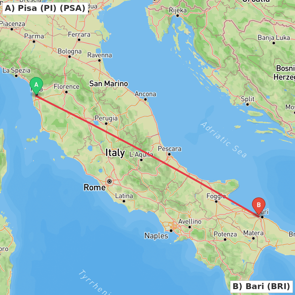 Flight route map from Pisa (PI) to Bari