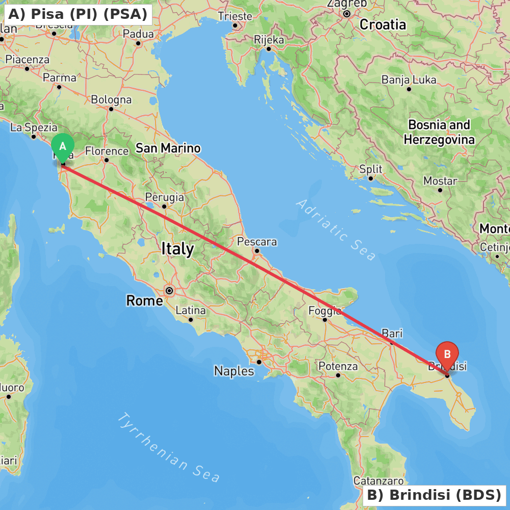 Flight route map from Pisa (PI) to Brindisi