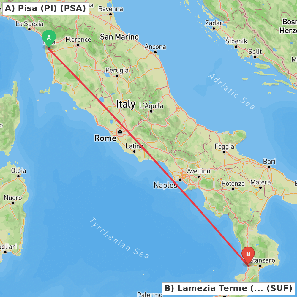 Flight route map from Pisa (PI) to Lamezia Terme (CZ)