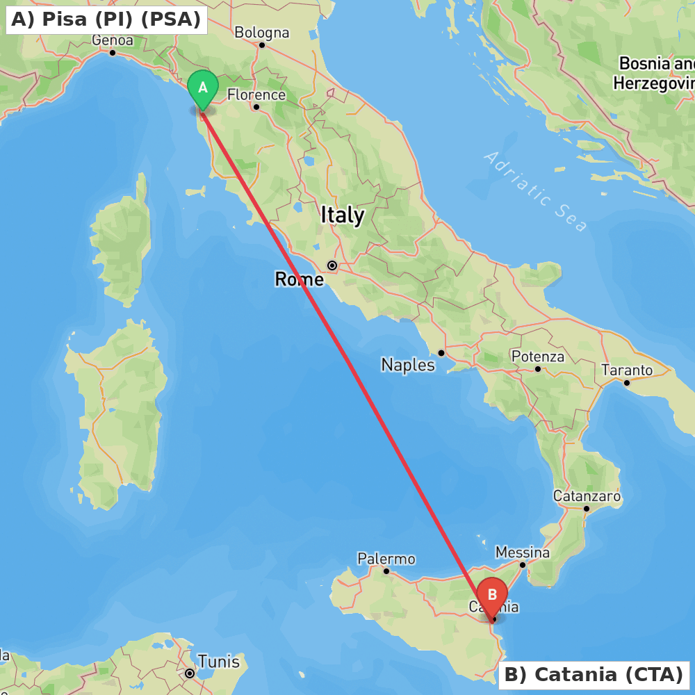 Flight route map from Pisa (PI) to Catania