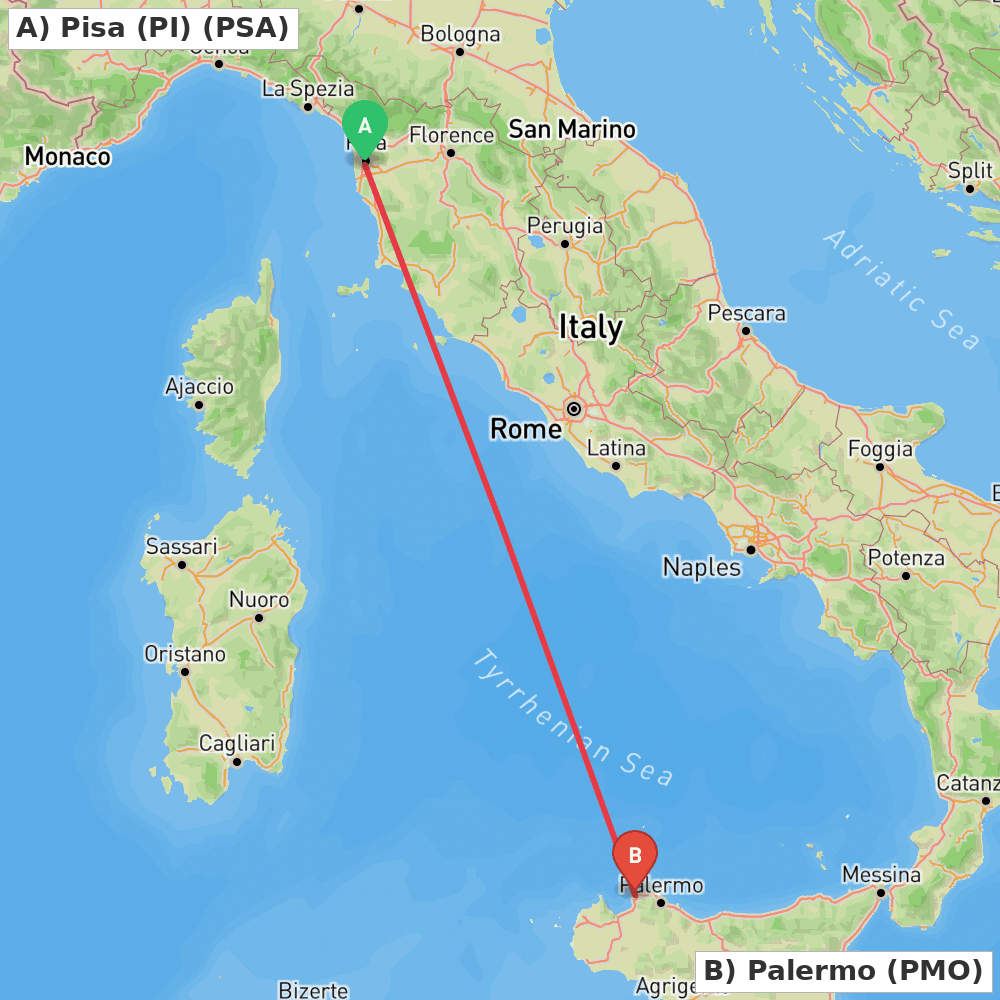 Flight route map from Pisa (PI) to Palermo
