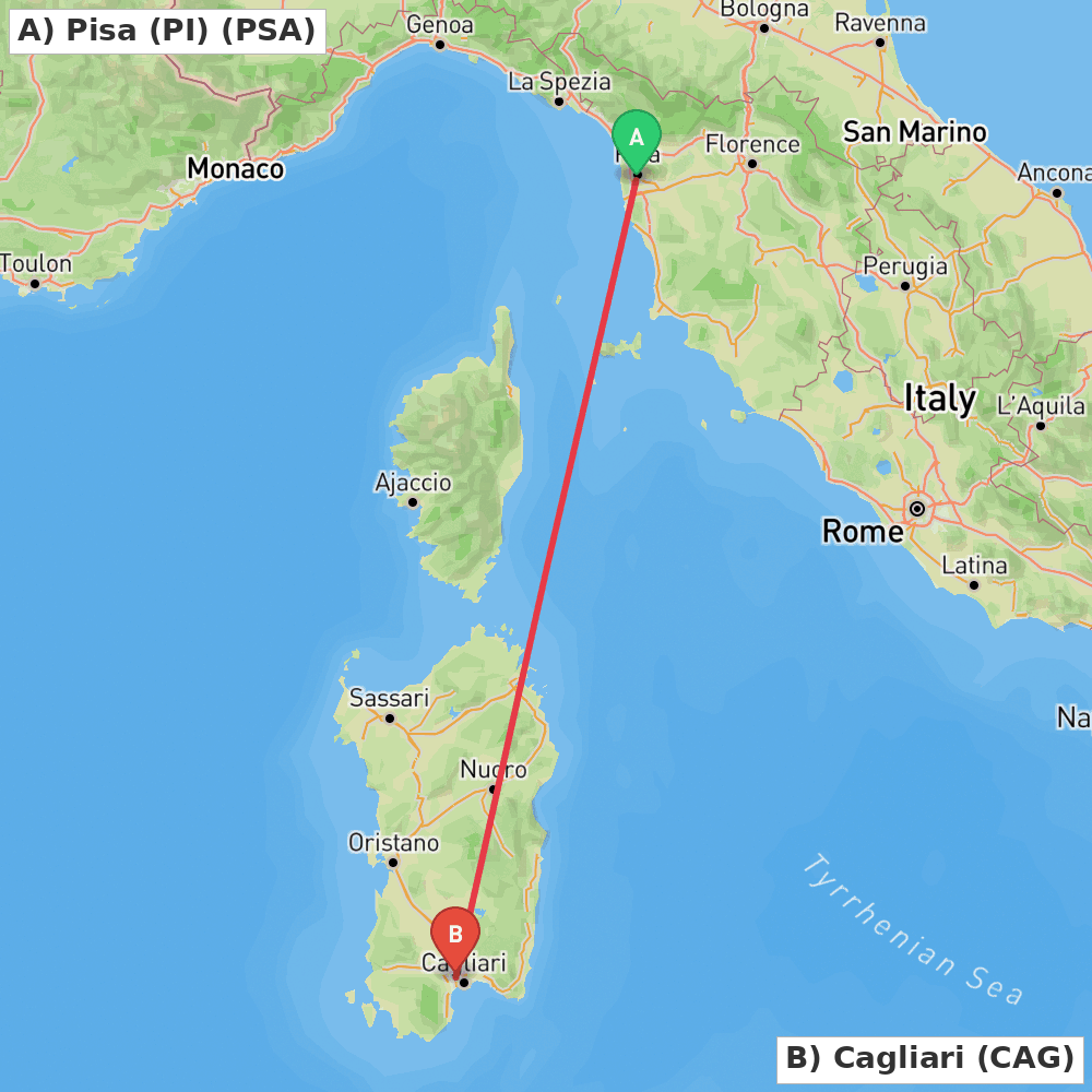 Flight route map from Pisa (PI) to Cagliari