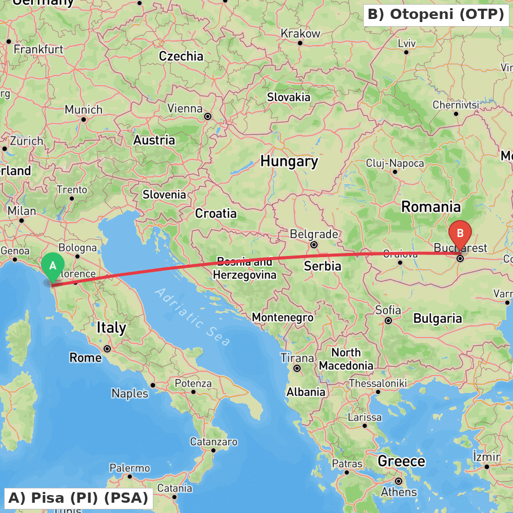 Flight route map from Pisa (PI) to Otopeni