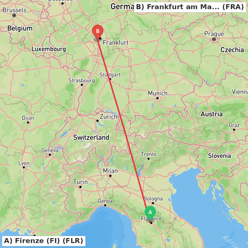 Flight route map from Firenze (FI) to Frankfurt am Main