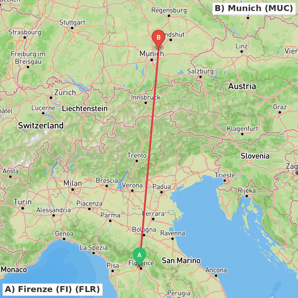 Flight route map from Firenze (FI) to Munich