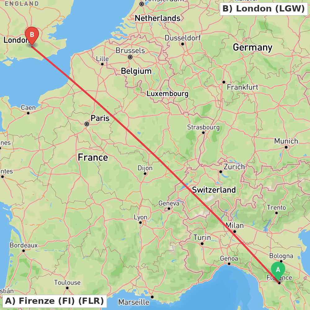 Flight route map from Firenze (FI) to London