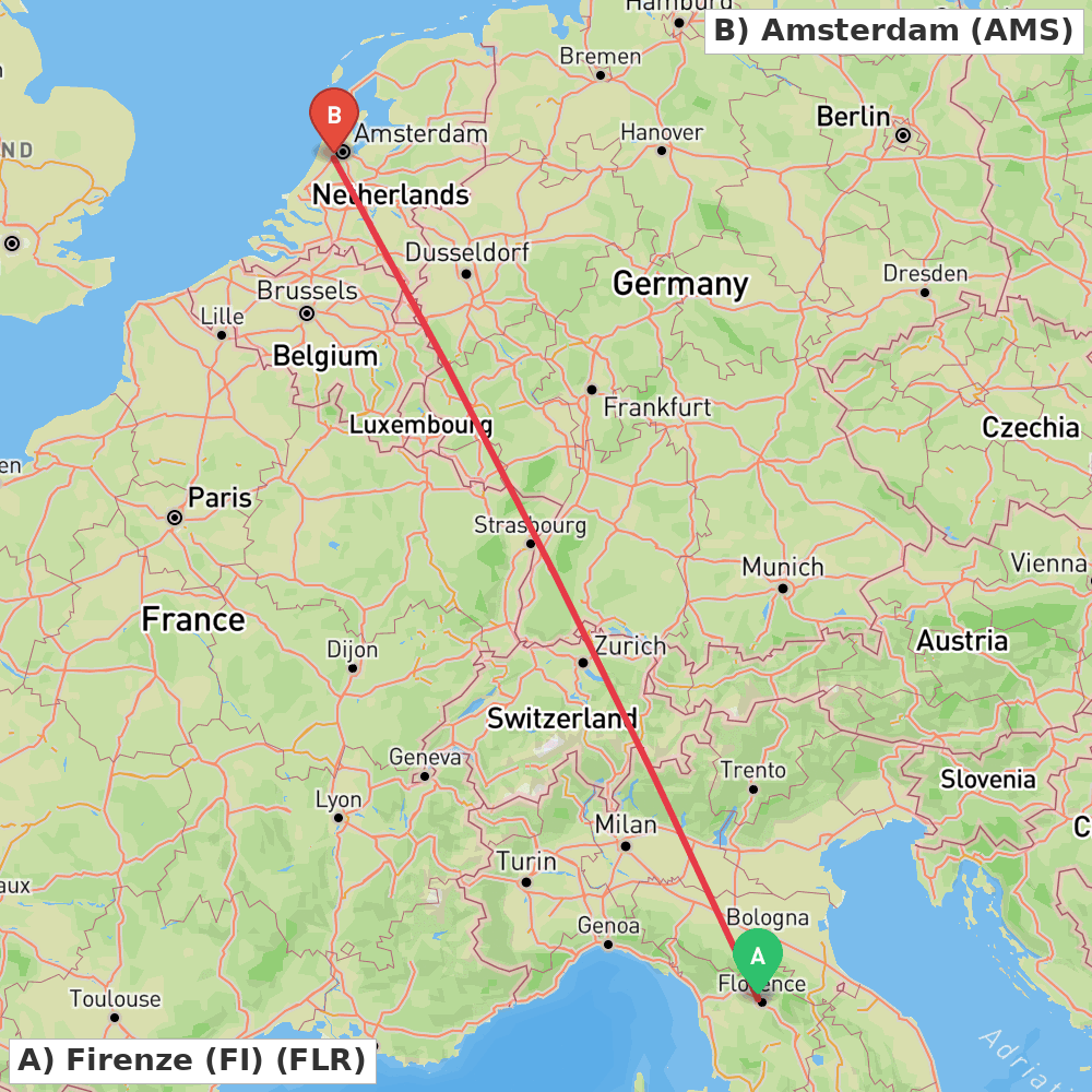 Flight route map from Firenze (FI) to Amsterdam