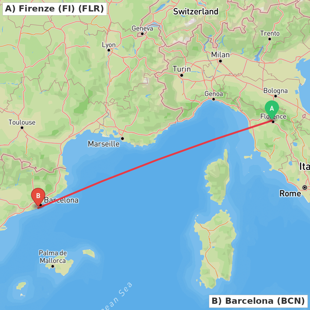 Flight route map from Firenze (FI) to Barcelona