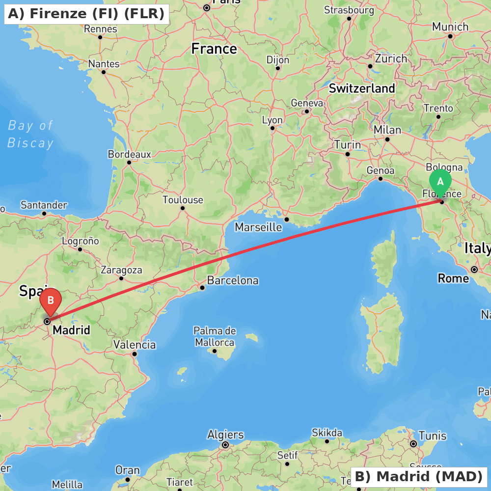 Flight route map from Firenze (FI) to Madrid