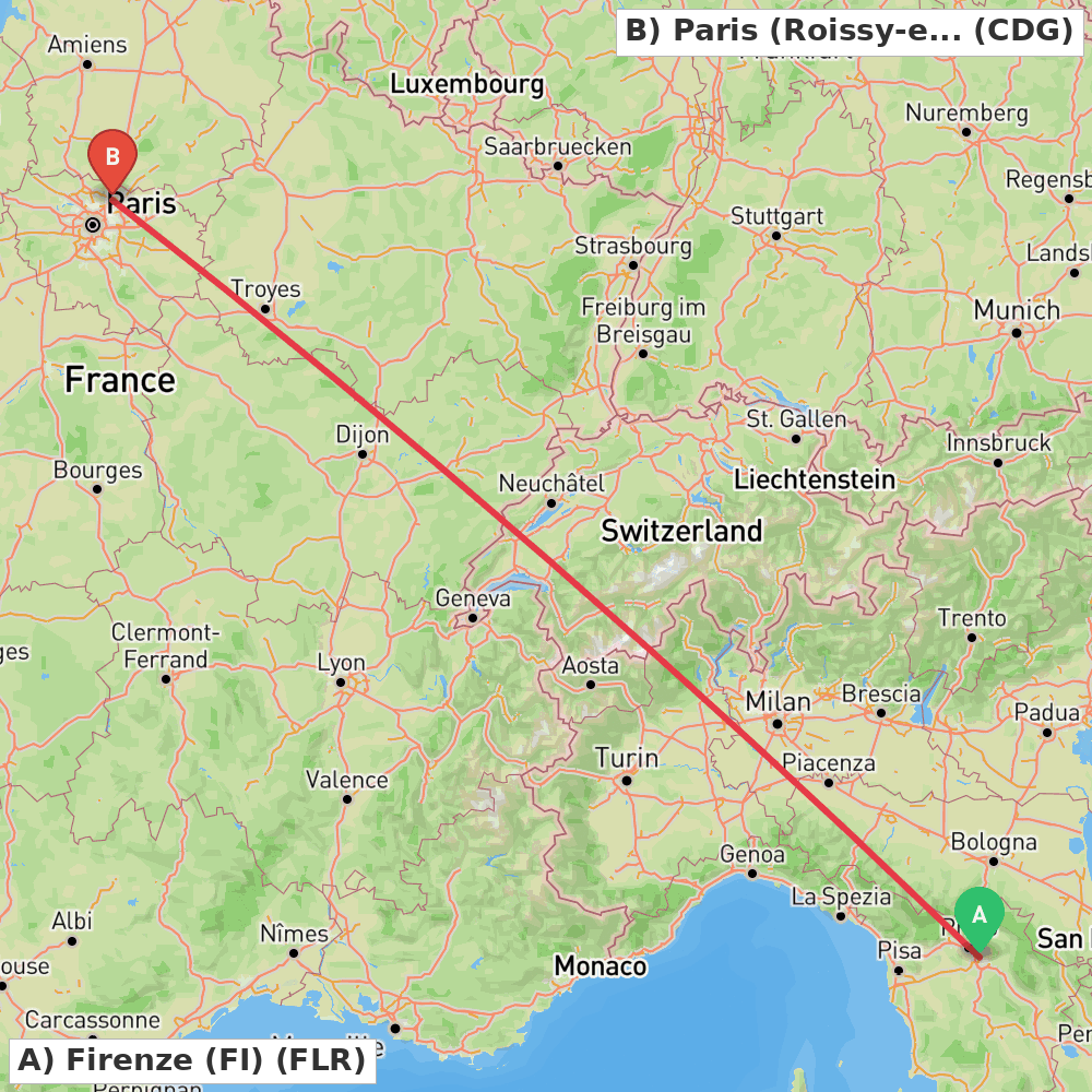 Flight route map from Firenze (FI) to Paris (Roissy-en-France, Val-d'Oise)