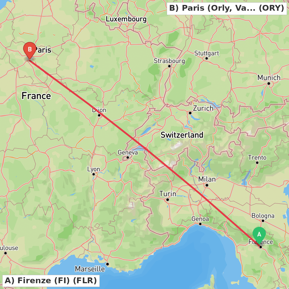 Flight route map from Firenze (FI) to Paris (Orly, Val-de-Marne)