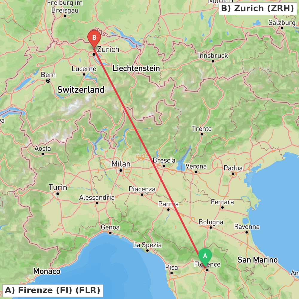 Flight route map from Firenze (FI) to Zurich