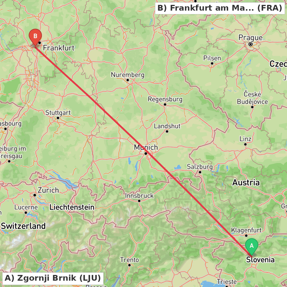 Flight route map from Zgornji Brnik to Frankfurt am Main