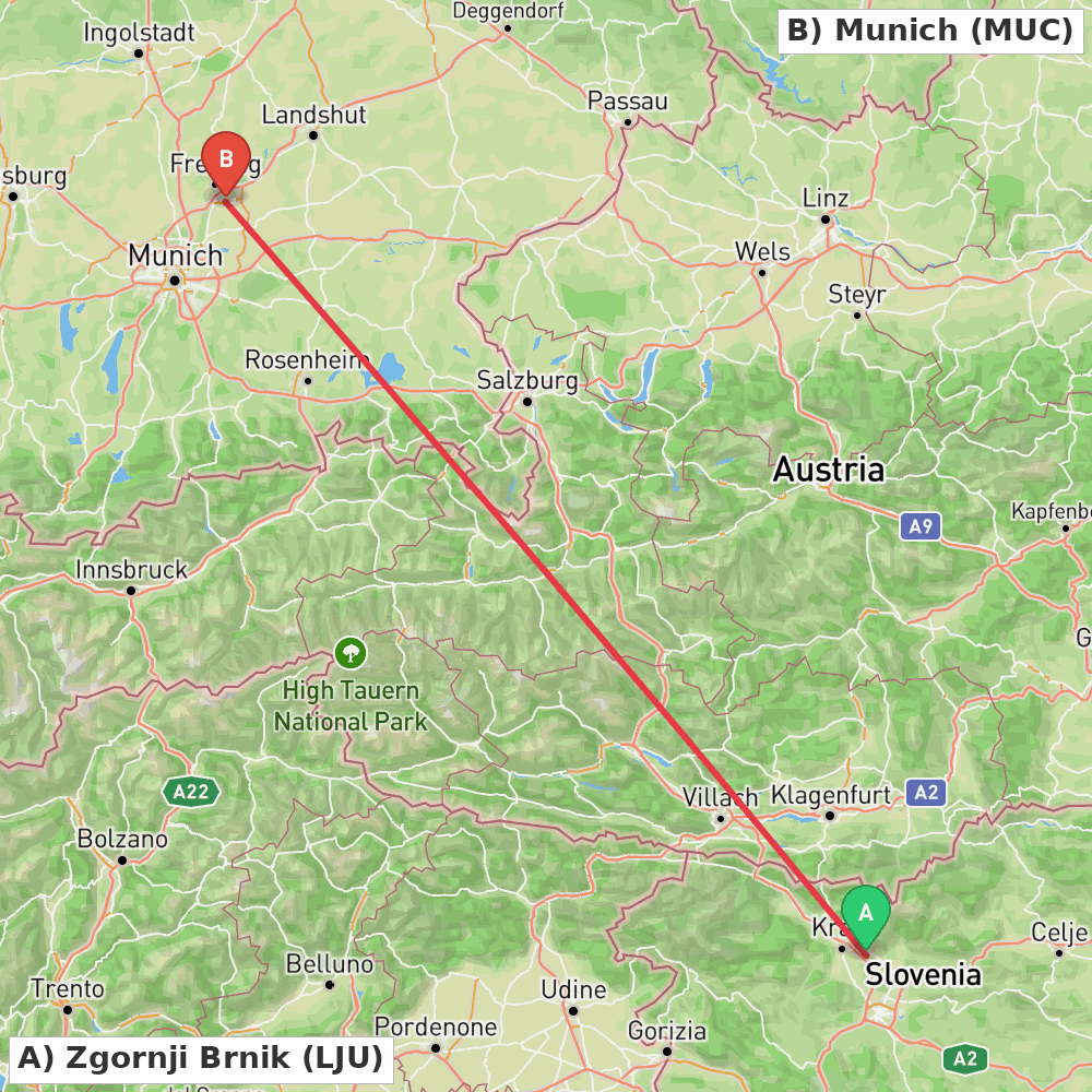 Flight route map from Zgornji Brnik to Munich