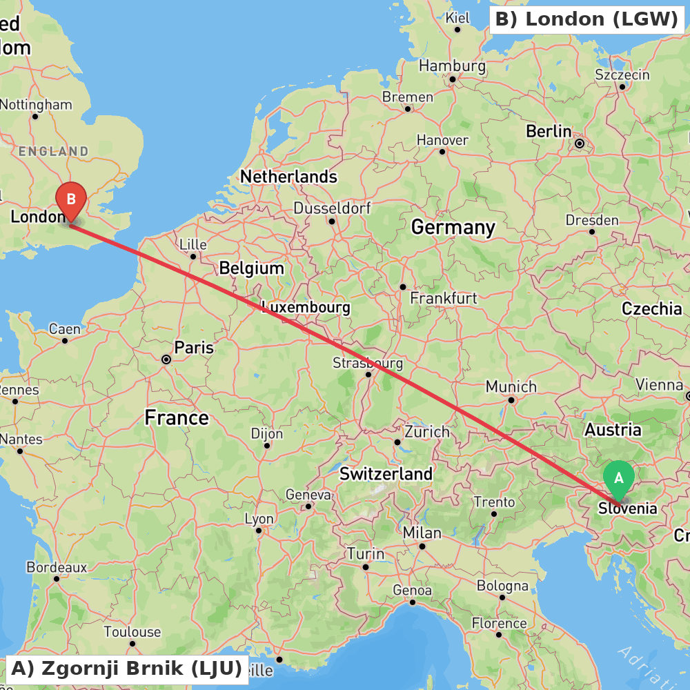 Flight route map from Zgornji Brnik to London