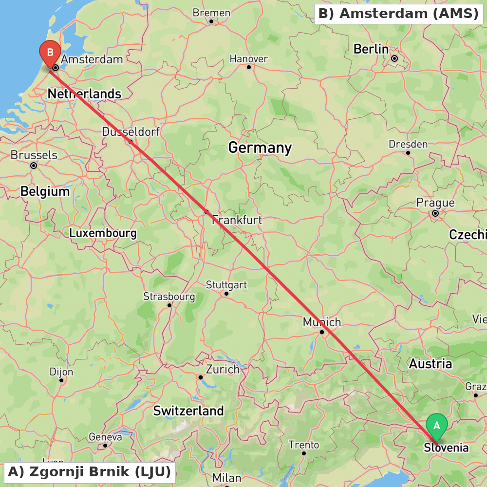 Flight route map from Zgornji Brnik to Amsterdam