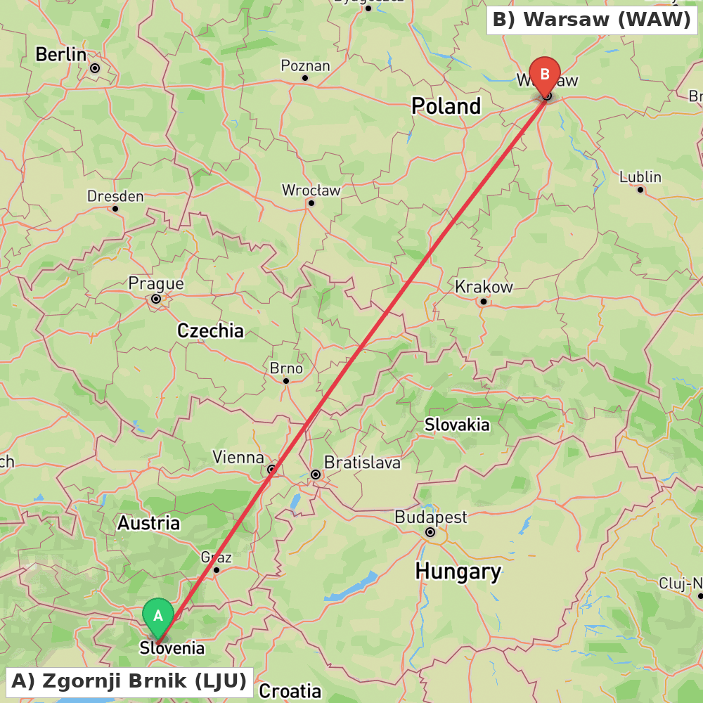 Flight route map from Zgornji Brnik to Warsaw