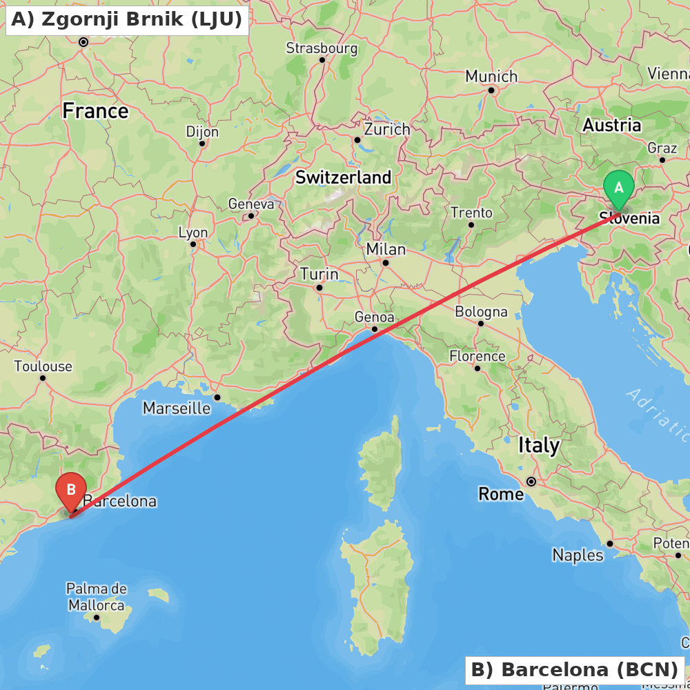 Flight route map from Zgornji Brnik to Barcelona