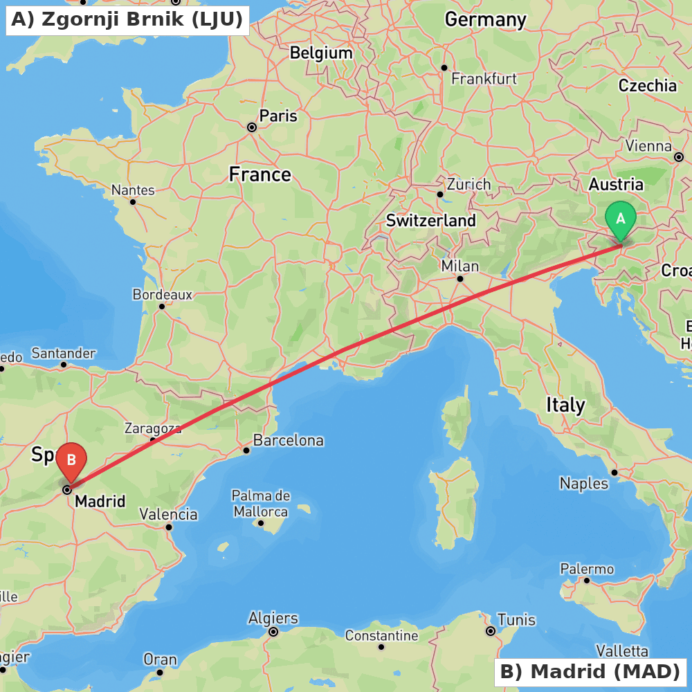 Flight route map from Zgornji Brnik to Madrid
