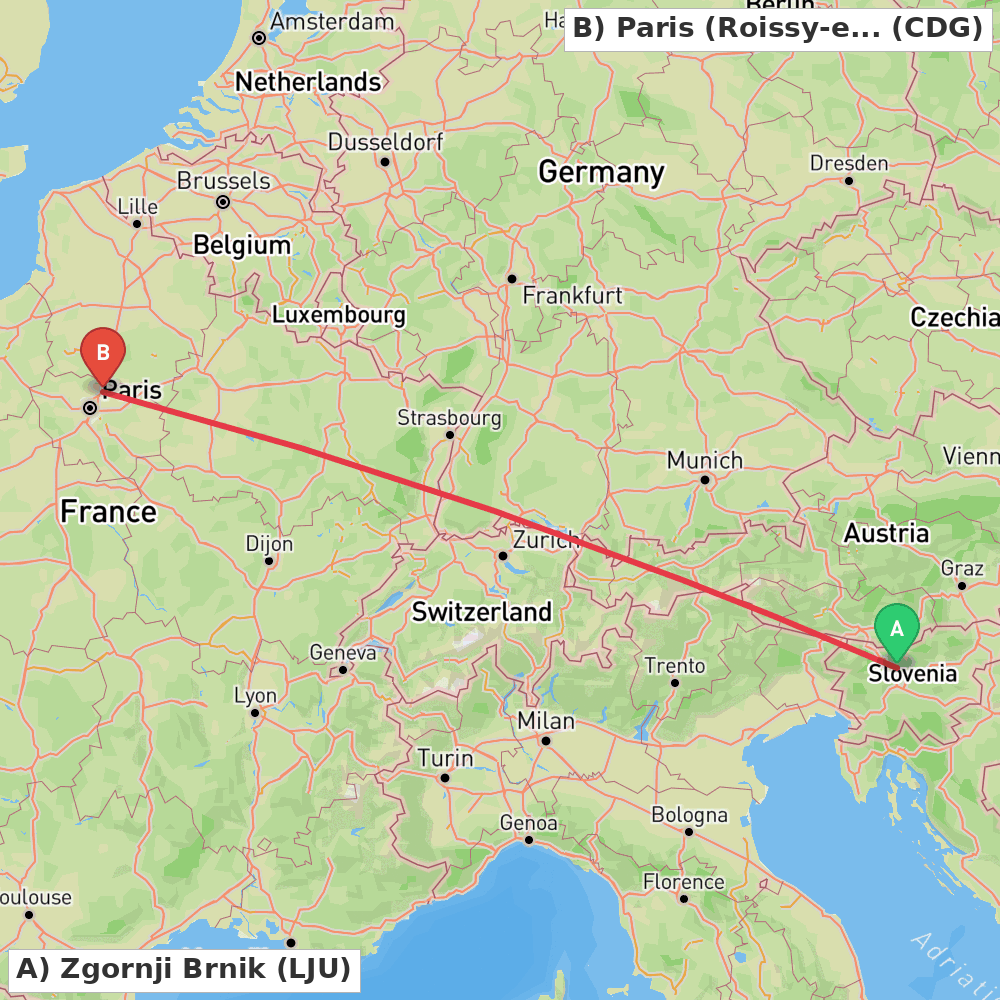 Flight route map from Zgornji Brnik to Paris (Roissy-en-France, Val-d'Oise)