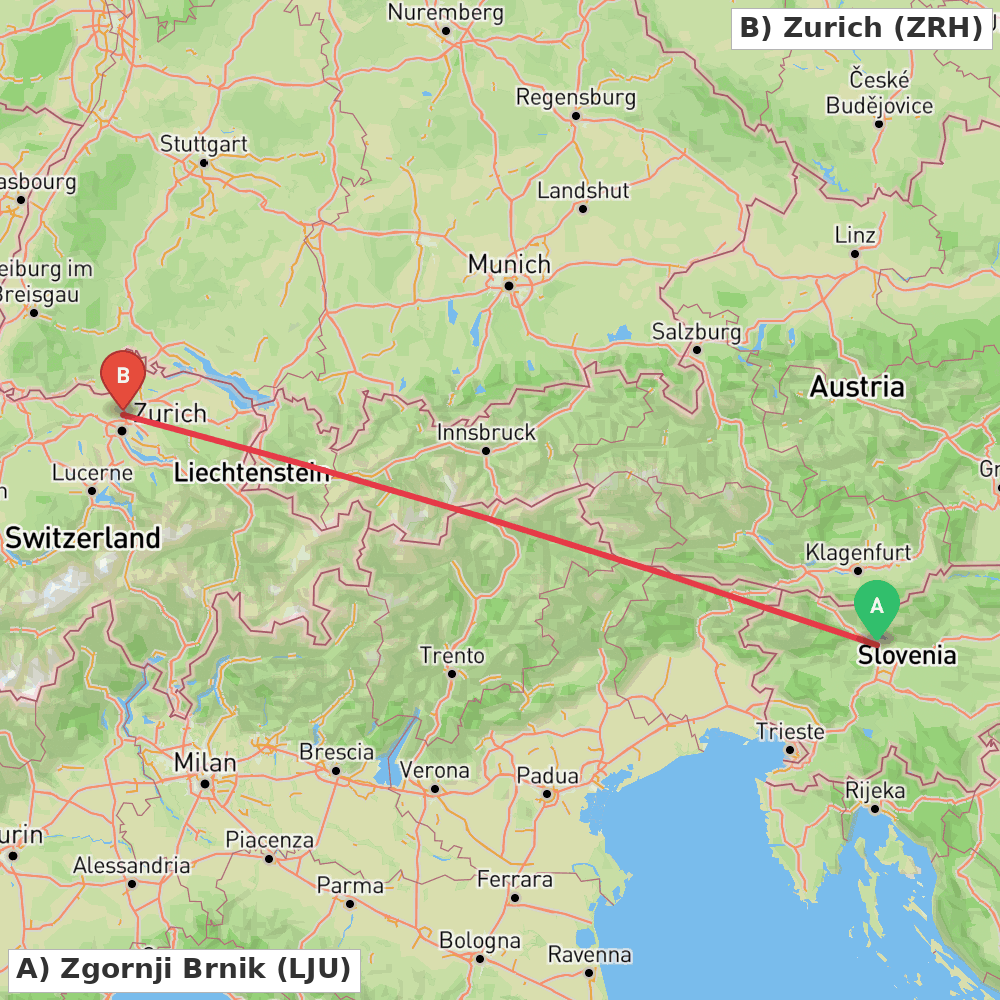 Flight route map from Zgornji Brnik to Zurich