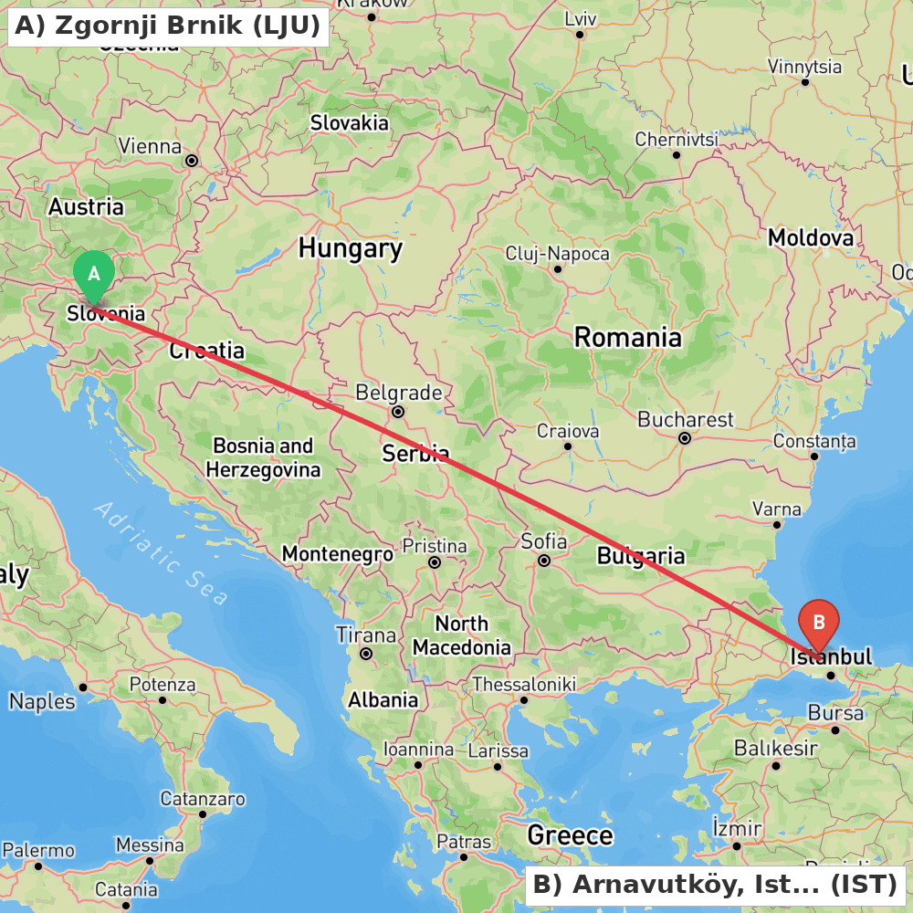 Flight route map from Zgornji Brnik to Arnavutköy, Istanbul