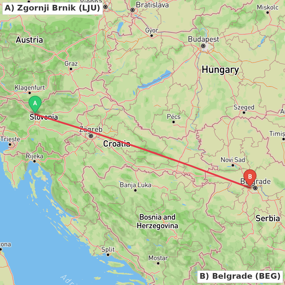Flight route map from Zgornji Brnik to Belgrade