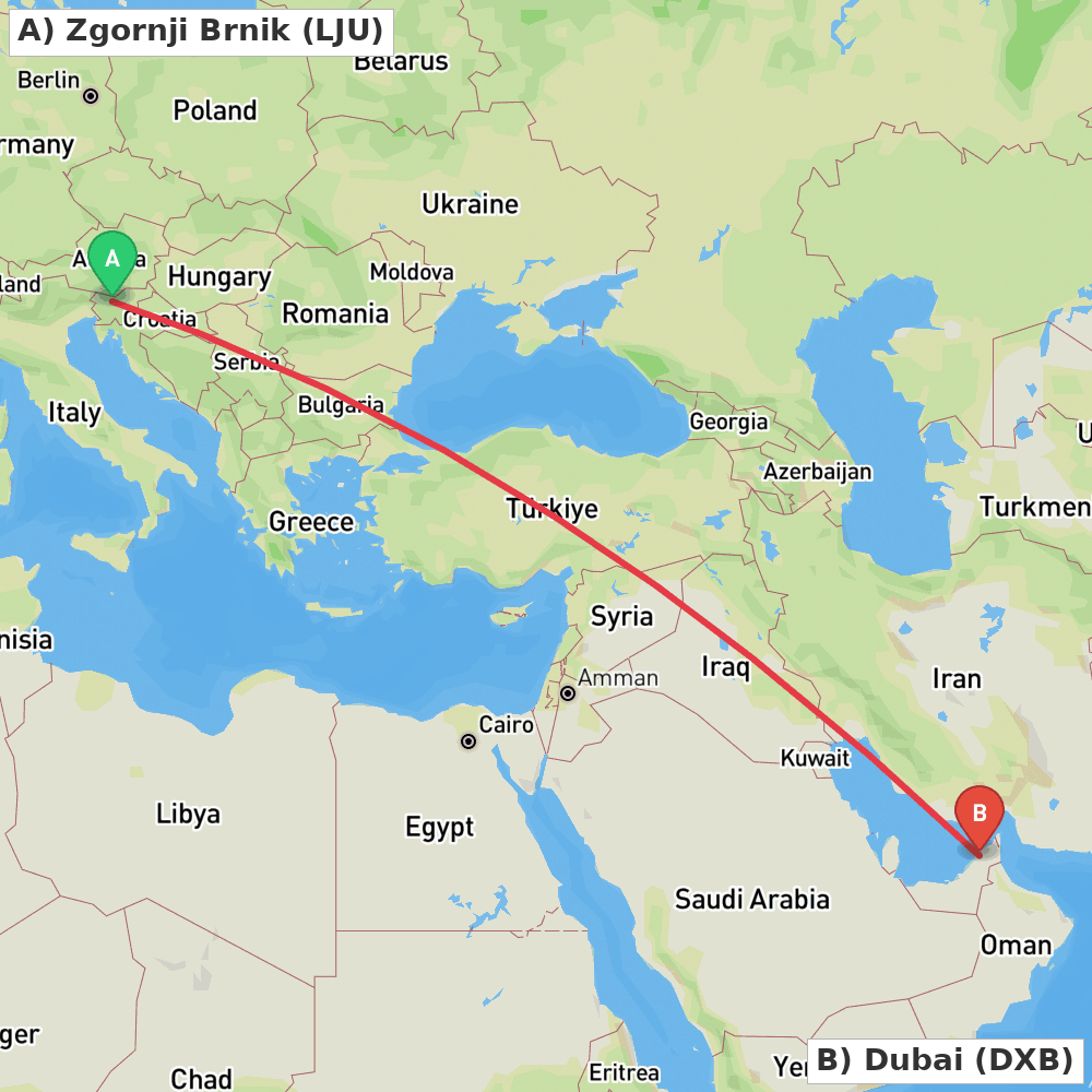 Flight route map from Zgornji Brnik to Dubai