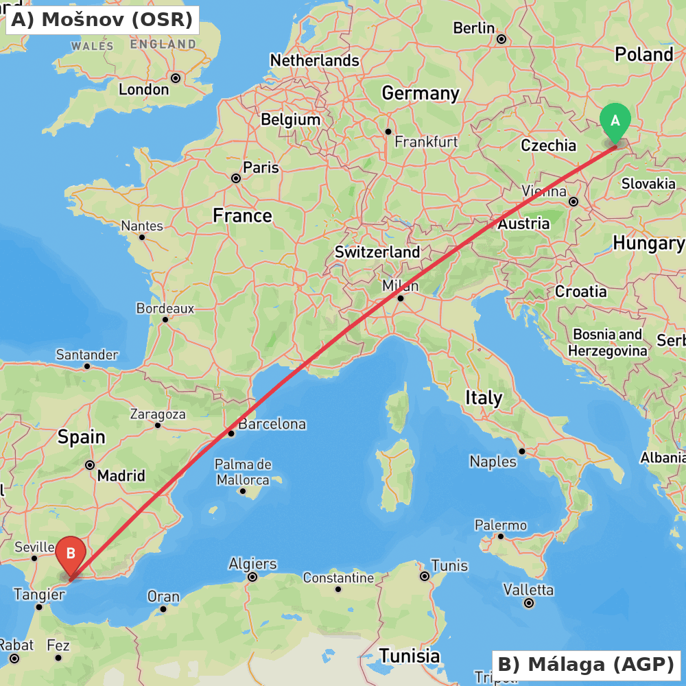 Flight route map from Mošnov to Málaga