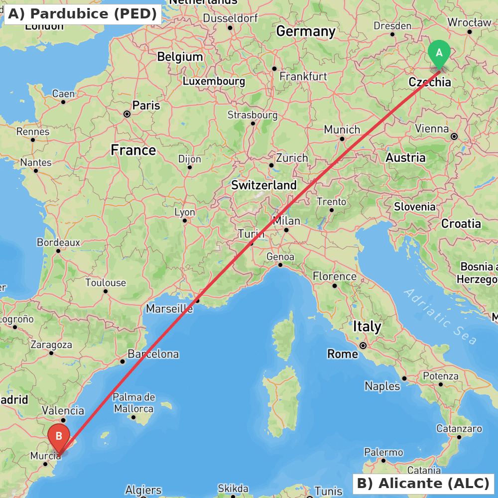 Flight route map from Pardubice to Alicante