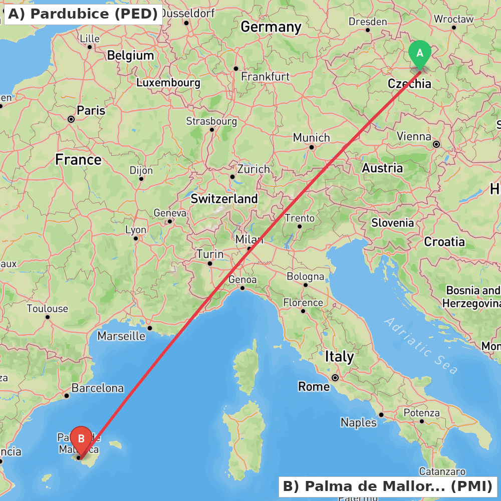 Flight route map from Pardubice to Palma de Mallorca