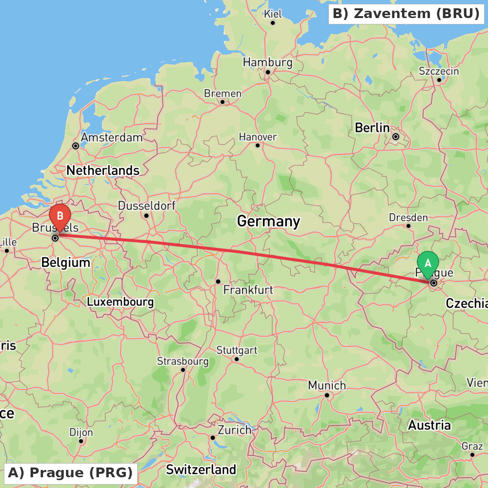 Flight route map from Prague to Zaventem