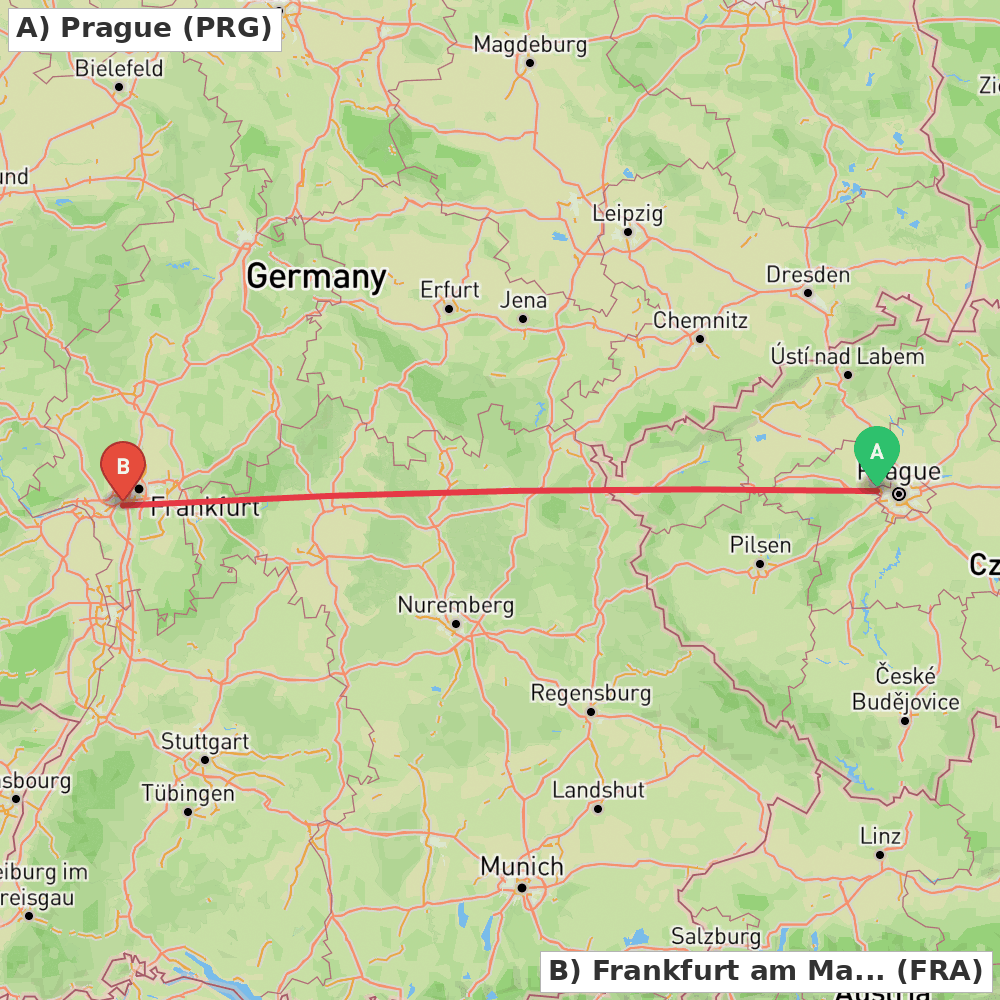 Flight route map from Prague to Frankfurt am Main