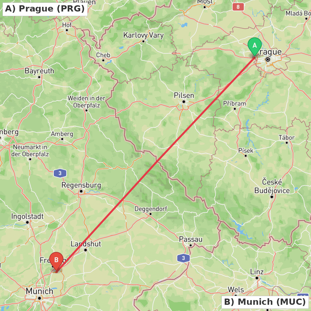 Flight route map from Prague to Munich