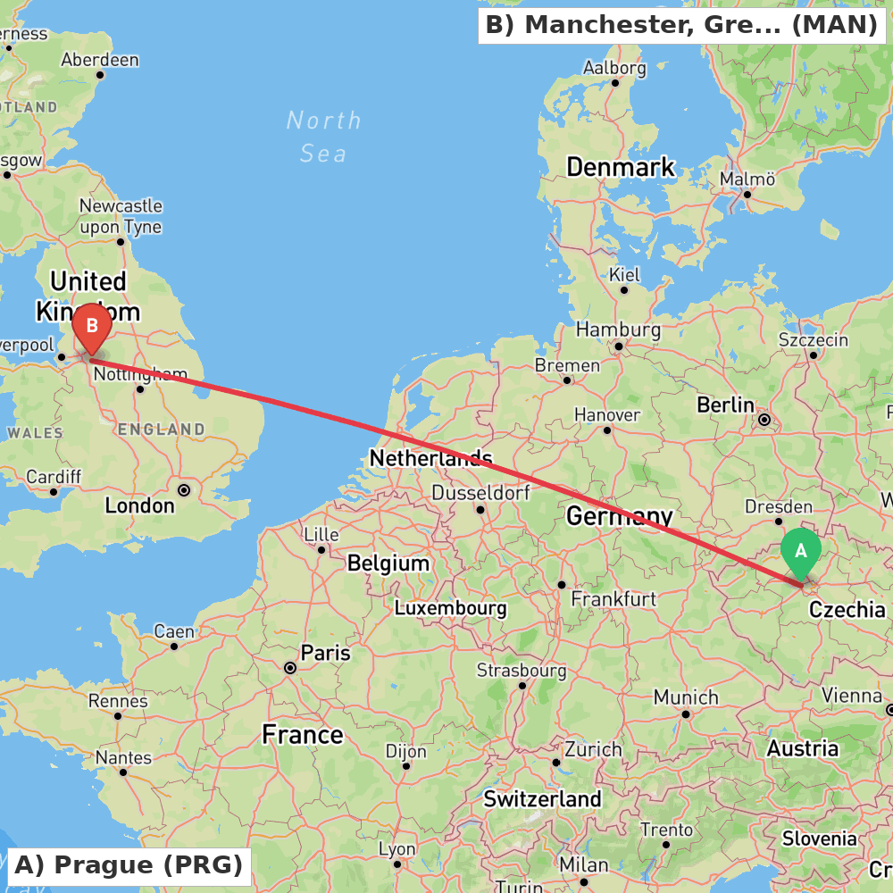 Flight route map from Prague to Manchester, Greater Manchester